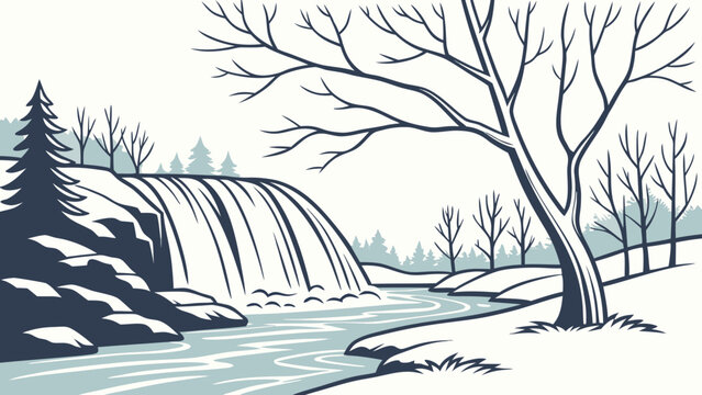 Winter landscape with waterfall and bare trees waterfall landscape cascading