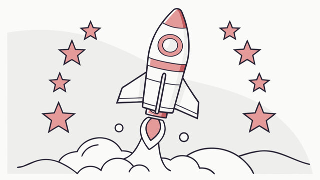 Rocket ship taking off with stars and clouds graphic minimalist illustration