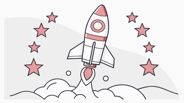 Rocket ship taking off with stars and clouds graphic minimalist illustration