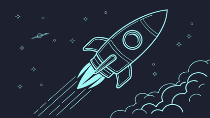 Stylized line art rocket launching into outer space illustration with spaceship © bali