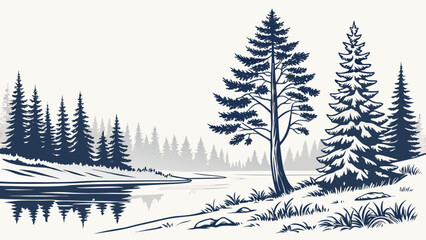 Forest landscape with coniferous trees and lake graphic illustration, landscape © bali