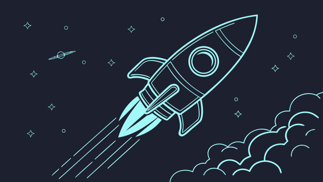 Stylized line art rocket launching into outer space illustration with spaceship