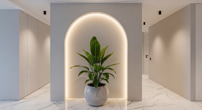 Modern interior hallway with backlit arched niche and plant.
