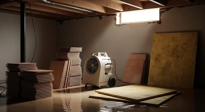 Industrial air mover fan used for drying a flooded basement floor to prevent mold growth after water damage remediation in a residential property setting