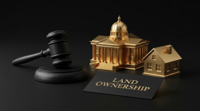 Land ownership legal concept with judge gavel, golden house and government building models, real estate law and property rights on black background
