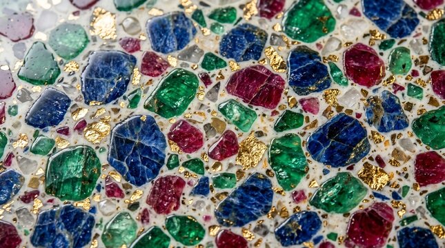 Decorative mosaic surface featuring scattered raw emeralds sapphires and rubies mixed with gold leaf flakes set in white base for luxury interior design wall.