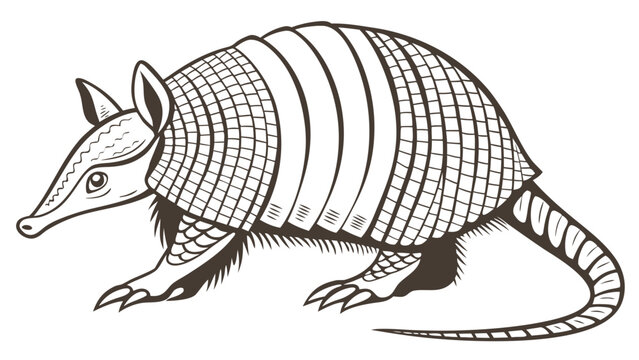 Detailed black and white line art drawing of a walking armadillo with armadillo
