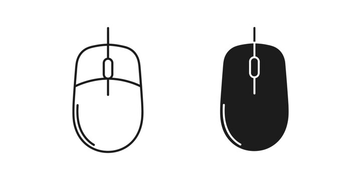 Computer mouse icon in outline and solid fill styles on a white background for digital interfaces