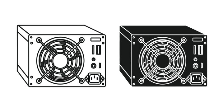 Computer power supply unit in line art and silhouette on white background