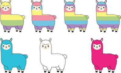 Naklejka premium Cute Kawaii Alpaca Vector Set Featuring Colorful Rainbow Pastel Llamas and Solid Color Character Clipart for Children Birthday Party and Nursery Greeting Card Designs