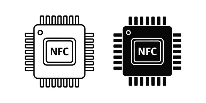 NFC chip icon with clean lines and contrasting light and dark versions on white background for technology concepts