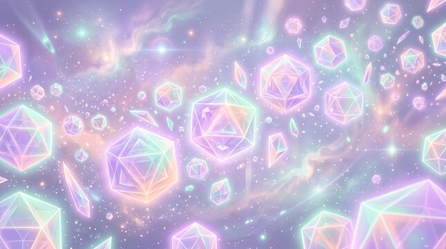 Glowing pastel polyhedral dice floating in a magical, ethereal space with soft clouds and sparkling stars, fantasy and gaming concept background.