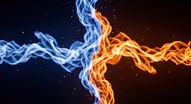Abstract blue and orange fire clashing in cross shape.