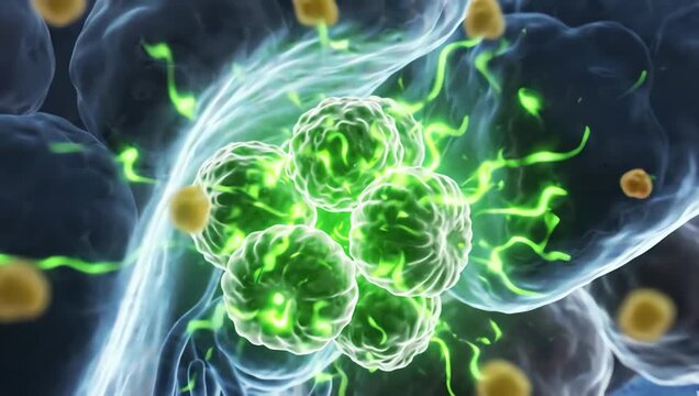 Fat molecules being broken down inside transparent liver cells, glowing metabolic reactions spreading through realistic biological structures
