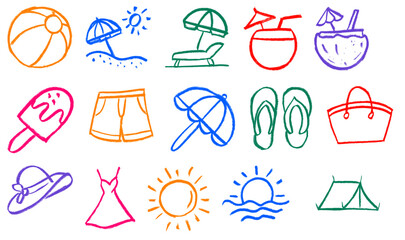 Summer Holiday Related Icons Crayon Chalk Drawing Vector Set © Grunge Designs