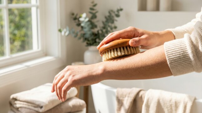 A person uses a dry brush to exfoliate their arm in a bright, cozy bathroom near a window.