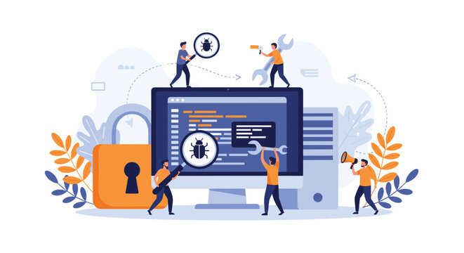 Technical support team works together to find and fix software bugs on a computer screen in a modern flat vector illustration style.