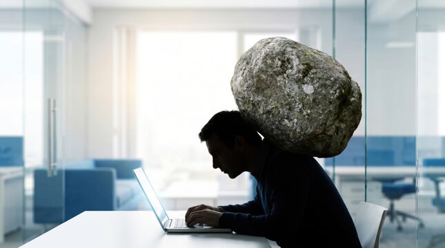 A man in an office struggles under the weight of a huge rock on his back while working on a laptop, symbolizing stress and pressure.