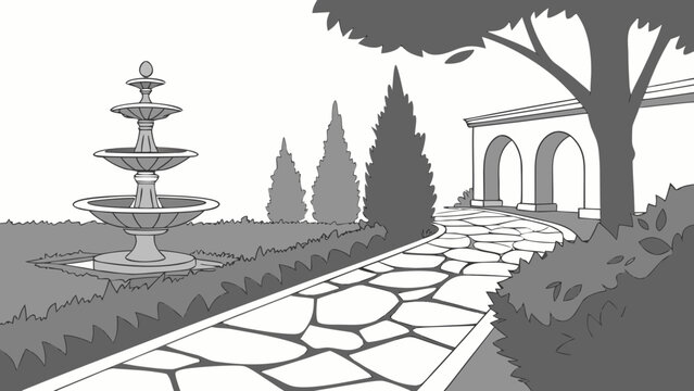 Classic garden fountain with stone pathway and arched walkway, fountain