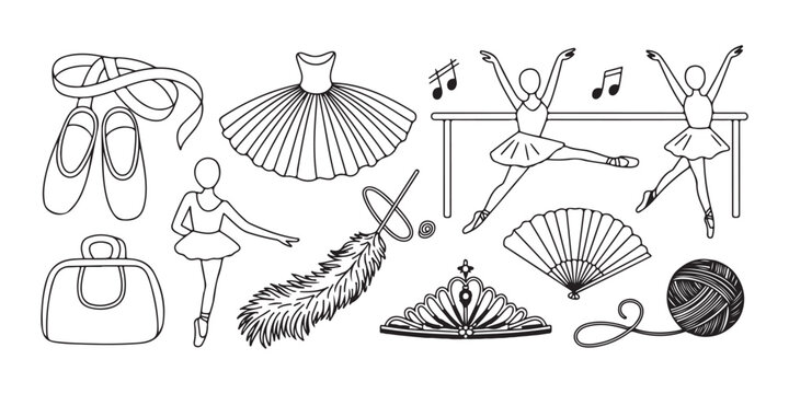 Ballerina accessories set with tutu and pointe shoes on transparent background for ballet performance.