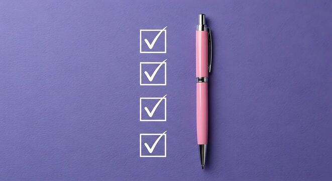 Close-up of checklist with checkmarks and pen on purple background, organized and neat