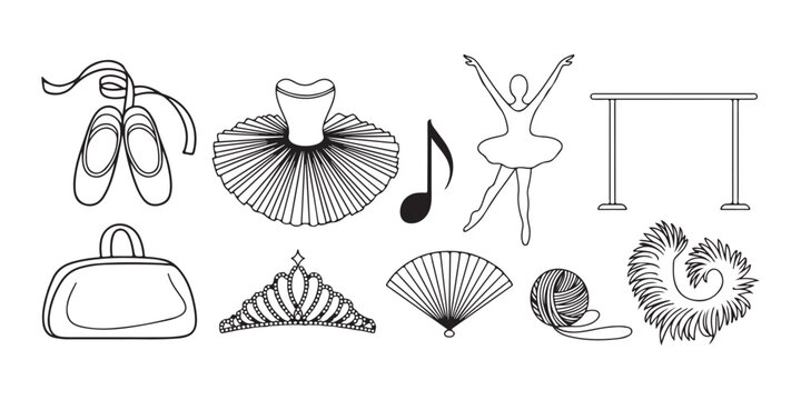 Ballet studio icon set with dancer and practice equipment isolated on transparent background style.