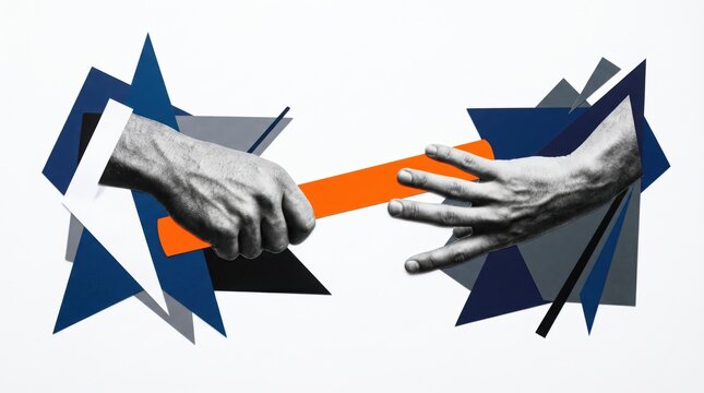 Two hands passing an orange baton, set against abstract geometric shapes in blue, black, and gray with a white background.