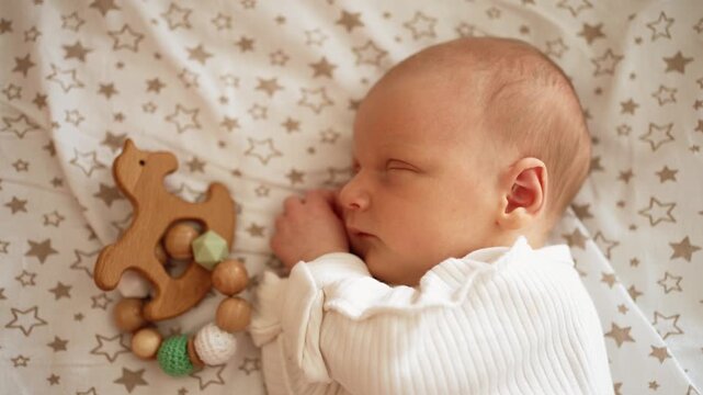 Adorable newborn baby boy or girl sleeping sweetly in bed next to a wooden rattle. A beautiful, tiny infant in a white bodysuit dreaming during a quiet afternoon nap