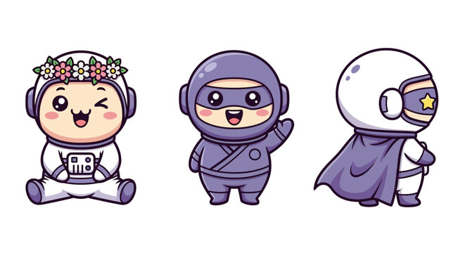 Cute cartoon robot characters in different outfits and poses.