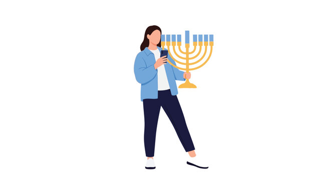 Woman with smartphone and hanukkah menorah modern vector illustration