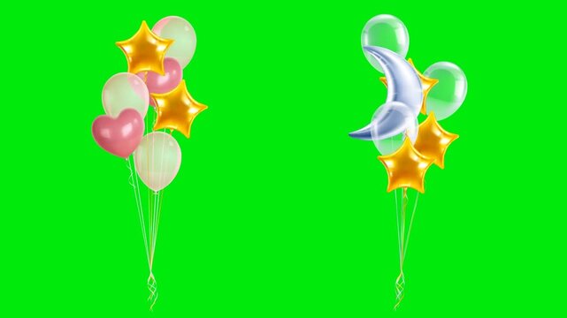 Seamless loop of party balloons on green screen , Looped festive balloons animation (Chroma Key), Celebrate party balloons floating green screen loop 