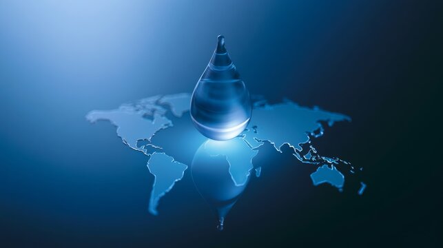 Water drop above a world map representing global water issues, resources, and conservation efforts for sustainable future solutions