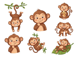 Fototapeta premium Set of cute monkeys on transparent background. Cartoon illustration of character doing different activities. Happy animal for baby design, education, jungle theme and wildlife concept.