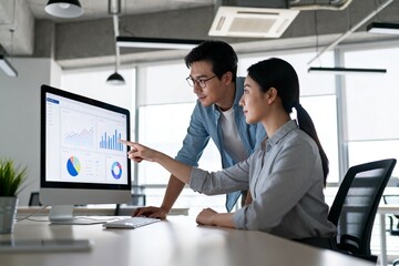 Naklejka premium Two people analyzing data on a computer