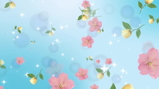 Blue background with bokeh, falling flowers and twinkling stars, Aesthetic blue bokeh background with falling flowers, Dreamy blue floral animation with twinkling star effect 
