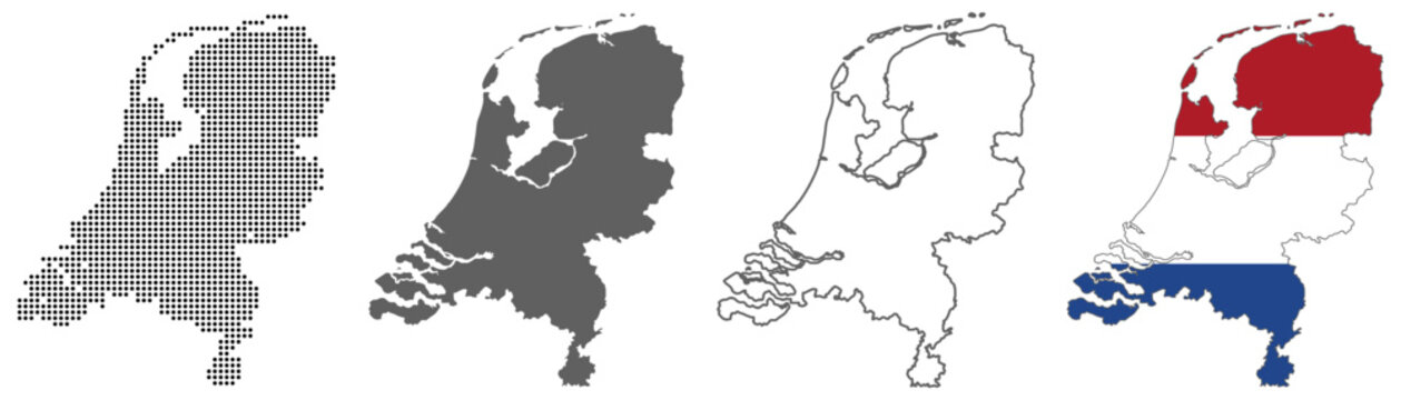 Netherlands country map vector set with dotted pattern solid silhouette outline and national flag illustration