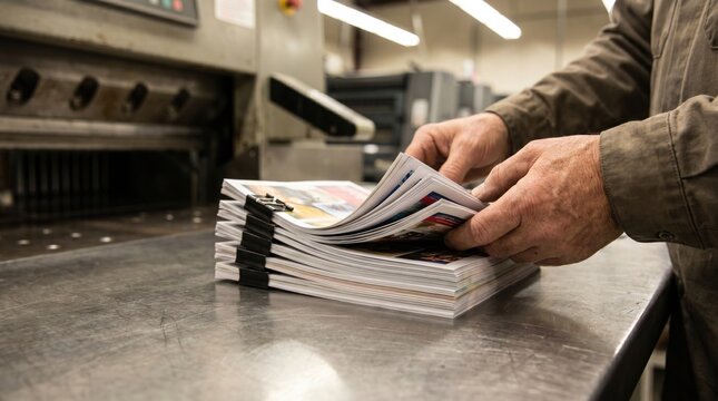 Professional printer hands checking a stack of brochures on a metal table in a large industrial printing facility with heavy machinery and equipment