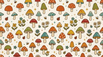 Obraz premium Whimsical retro pattern: colorful mushrooms, buzzing bees, ladybugs, and cheerful flowers