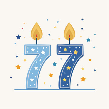 Number 77 Birthday Candles with Flames and Confetti