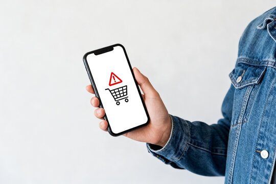 Person holding smartphone with shopping cart warning