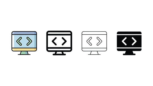 Four computer monitors with code symbols on their screens side by side
