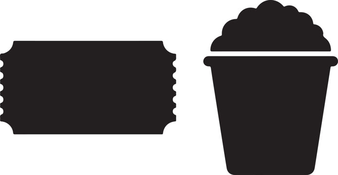 Black silhouette of a rectangular cinema ticket and a bucket of popcorn on a white background