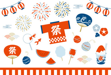Obraz premium 日本の夏祭り ポップでシンプルなイラスト セット