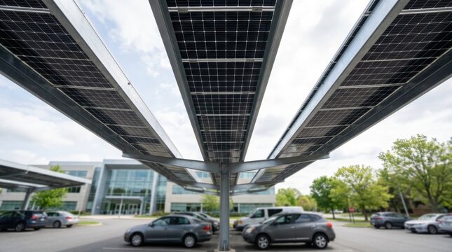 Solar panels on a parking lot canopy provide clean renewable energy for a modern office building while offering shade to parked vehicles in a sustainable corporate environment