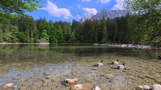 Badersee in Spring with the Zugspitze Group, Wetterstein Mountains, the Zugspitze Village of Grainau, Werdenfelser Land, Bavarian Alps, Upper Bavaria, Bavaria, Germany