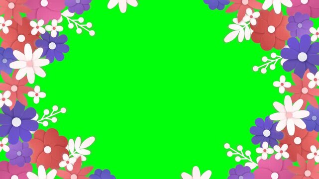 Beautiful floral frame animation. Elegant flower border green screen. Romantic floral frame for video editing.