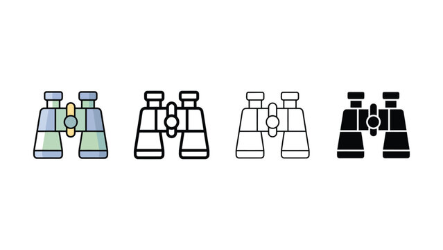 Four different colored binocular icons on white background for navigation and exploration purposes