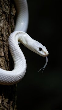 Close up portrait of a beautiful leucistic white snake with black eyes flickering its tongue on a dark tree bark