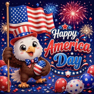 Adorable eagle wearing uncle sam hat holding american flag