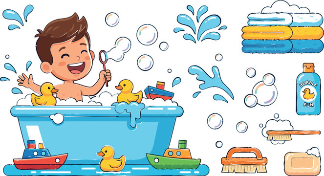 Happy Boy Taking Bath Collection with Bathtub, Rubber Ducks, Soap Bubbles, Kids Hygiene Products, and Child Care Illustration Set